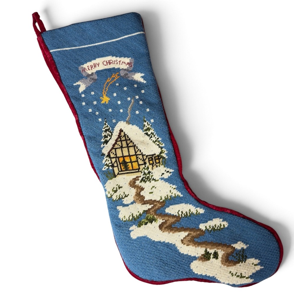 Handmade Needlepoint Christmas Stocking 25in Snowy Cottage Blue Velvet Lined